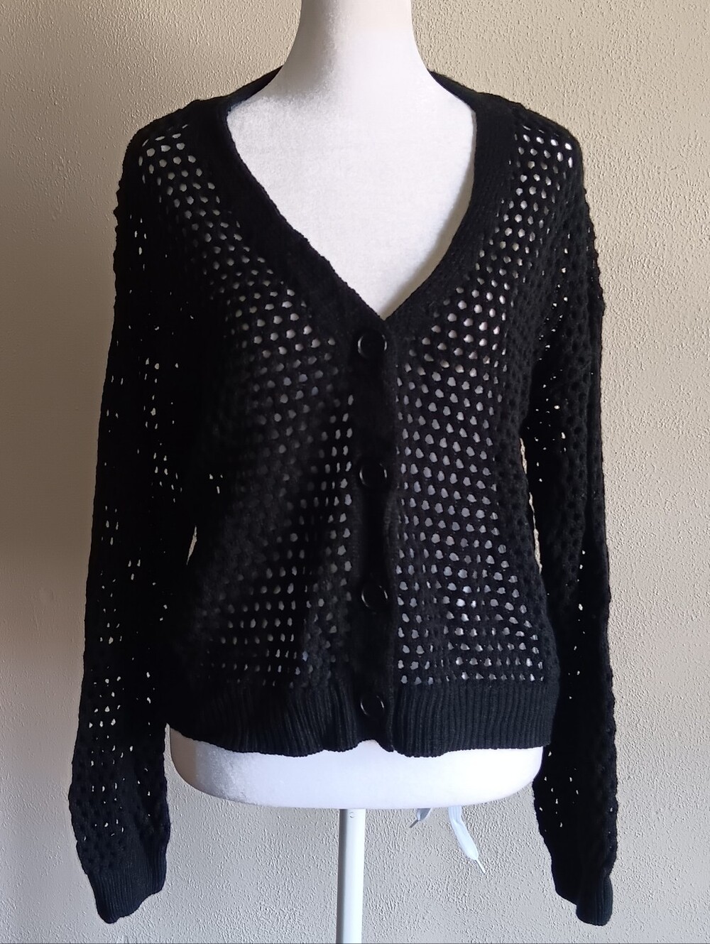 Black Lose Knit Net Long Sleeve Button Up Cardigan Sweater Sz. Small, Goth Punk